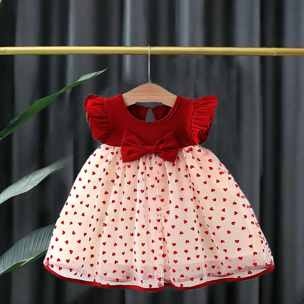 Baby Girl Summer Princess Dress – Red Mesh Love Print