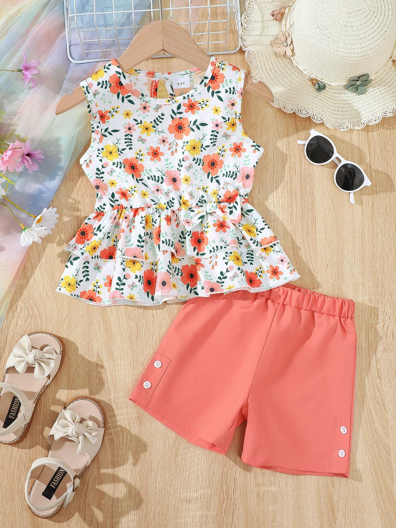 Girls' Summer Outfit – Floral Bow Sleeveless Top & Shorts Set