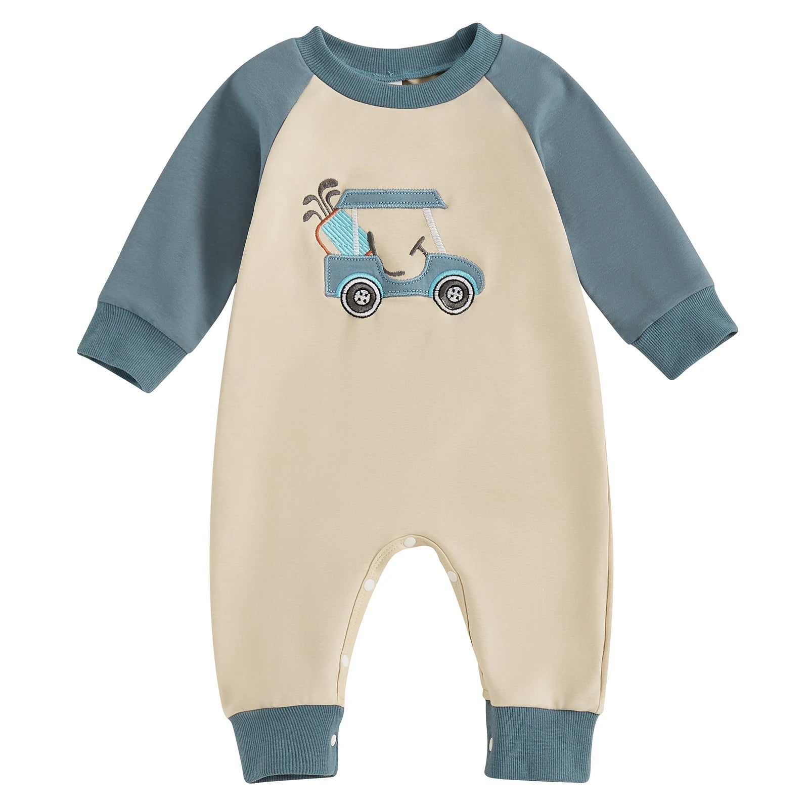 Baby Boy Autumn Romper – Golf Cart Embroidered Long Sleeve Jumpsuit