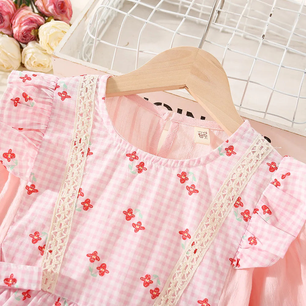 Baby Girl Plaid Floral Dress – Long-Sleeve Princess Outfit for Spring & Autumn, Countryside Style Birthday Party Dress