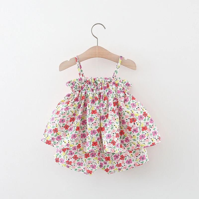2Pcs Summer Girls Set – Floral Suspender Top & Shorts with Cool Chiffon (Korean Style)