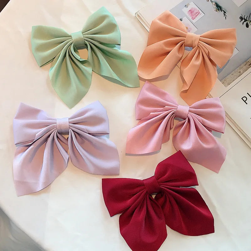 Solid Color Satin Bowknot Hair Clips For Girls
