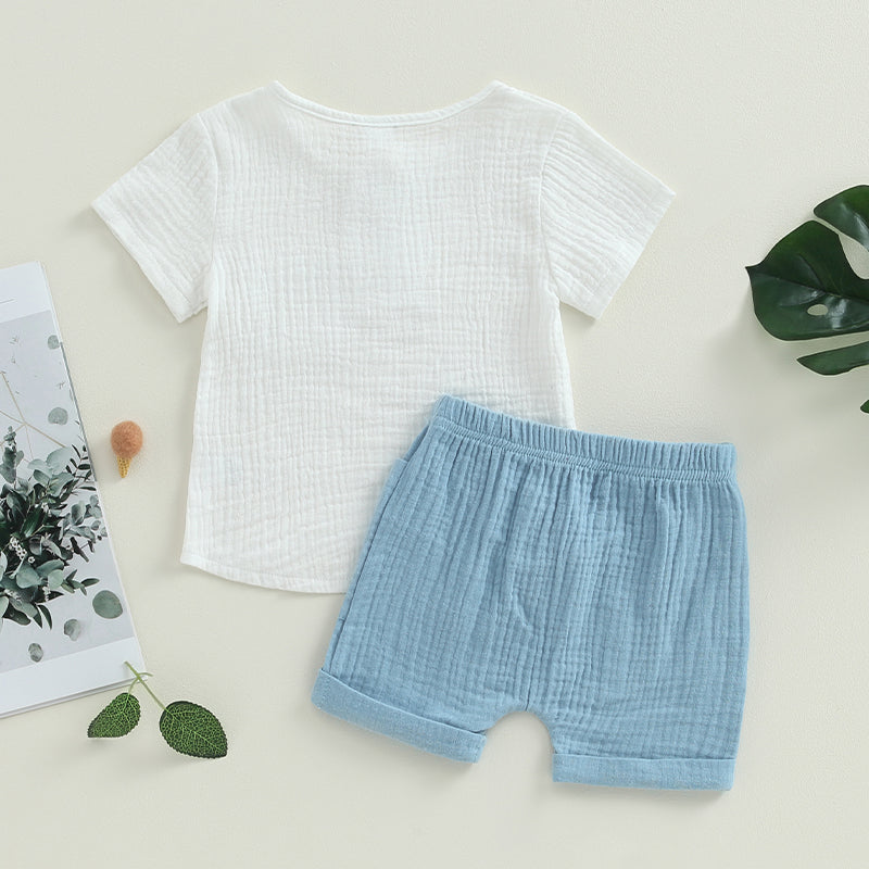 Short-Sleeve Button-Down Top with Pocket & Solid Color Shorts (0-3Y)