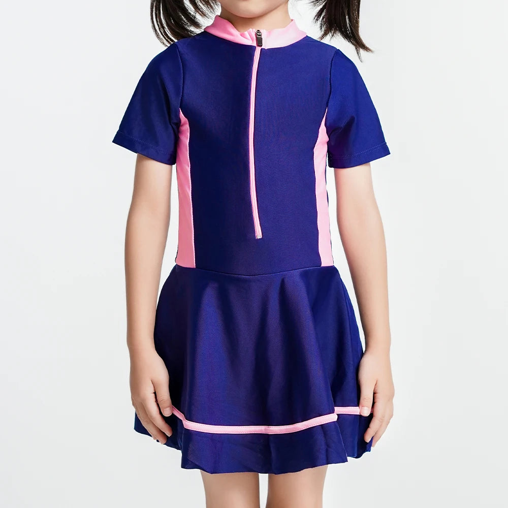 Girls One Piece Swimsuit Short Sleeve Zipper Swimwear