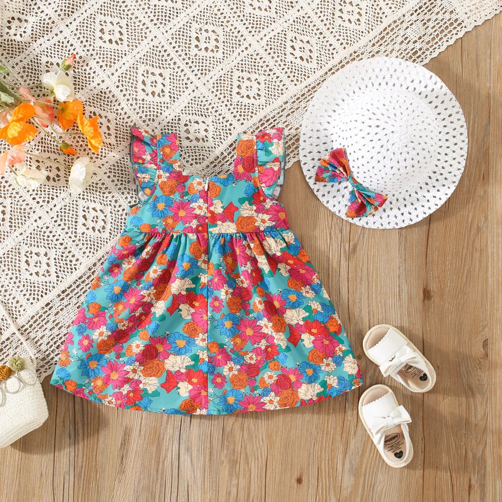 Summer Flower Print Princess Dress with Hat (Girls)