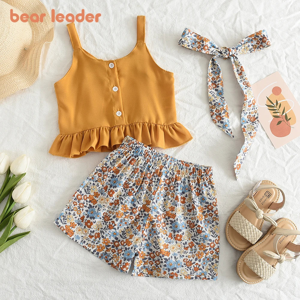 Bear Leader Girls' Summer Set – Solid Suspender T-Shirt Top & Floral Shorts, 2-Piece Kids Clothing Outfit