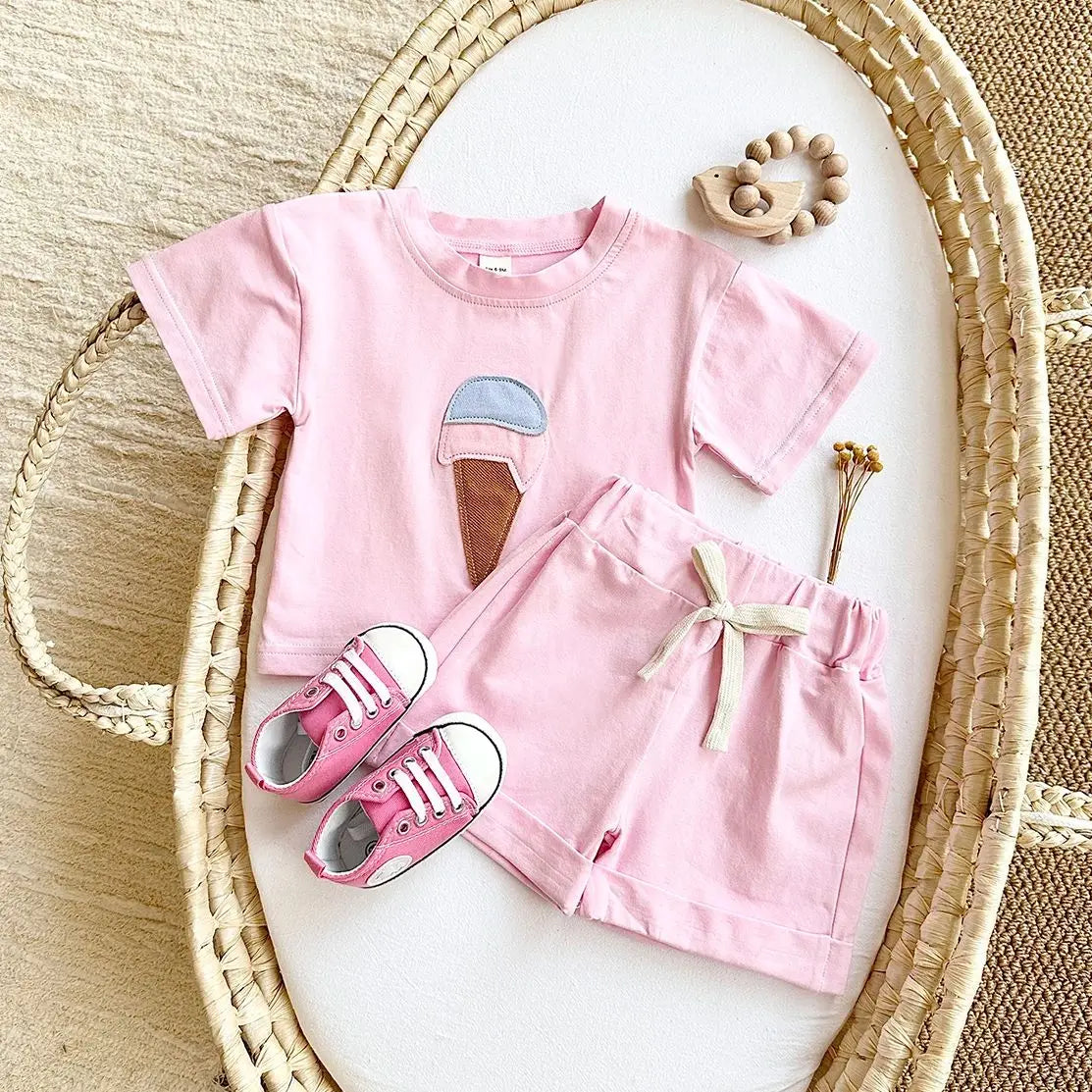 Baby Summer Outfit – 2-Piece Newborn Set, Ice Cream Print T-Shirt & Sports Shorts for Boys & Girls