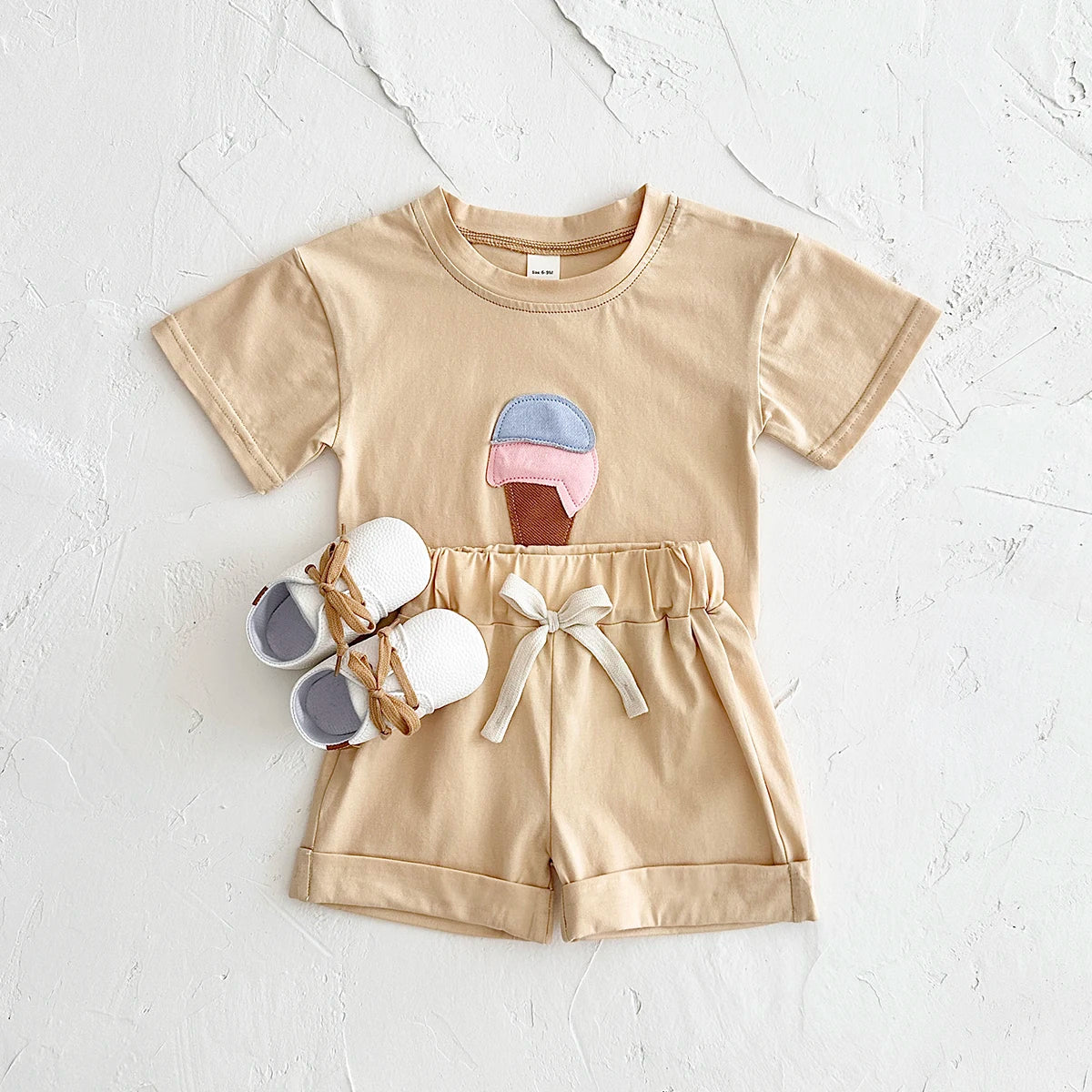 Baby Summer Outfit – 2-Piece Newborn Set, Ice Cream Print T-Shirt & Sports Shorts for Boys & Girls