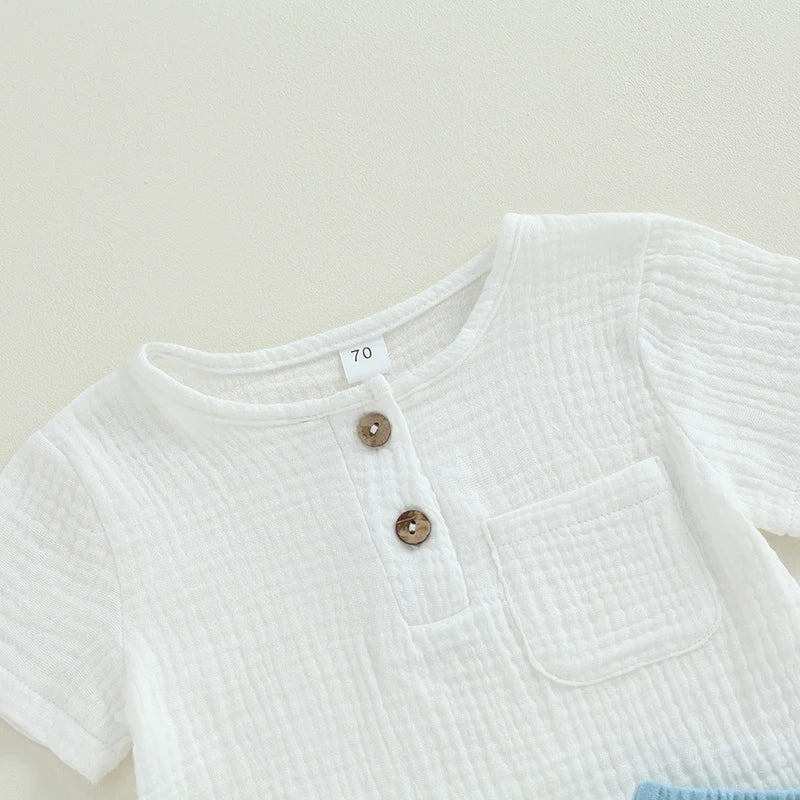 Short-Sleeve Button-Down Top with Pocket & Solid Color Shorts (0-3Y)