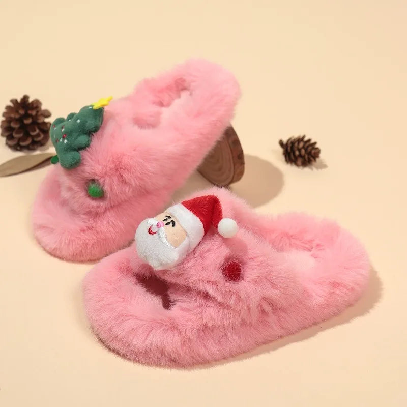 Girls Pink Christmas Plush Warm Slippers