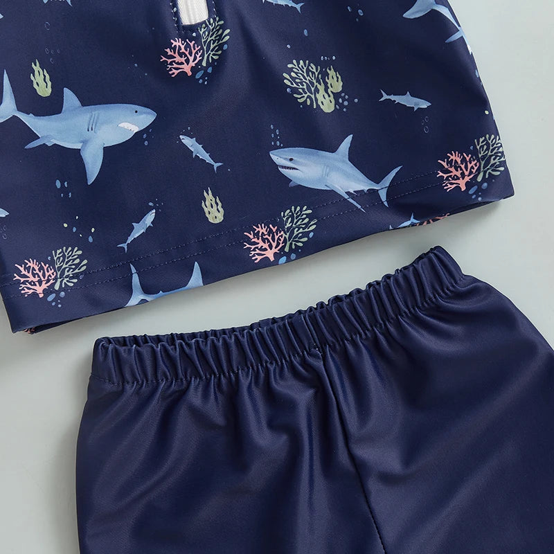Zipper Closure Short Sleeve Rash Guard Swimsuit set with Trunks Hat for Boys