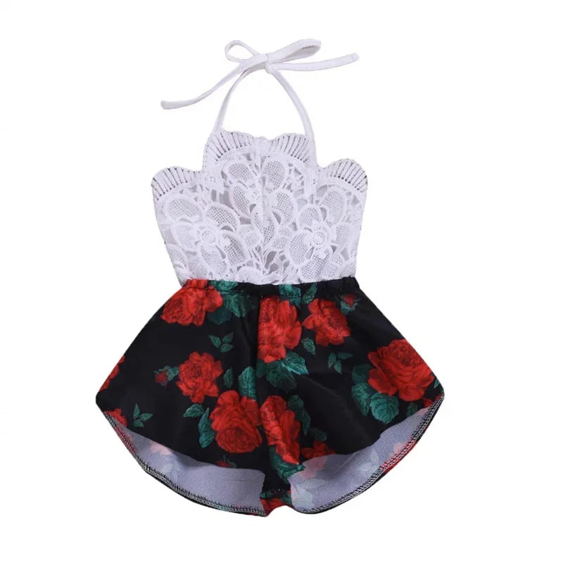 Newborn Baby Girl Summer Outfit – Sleeveless Lace Romper, Floral Print One-Piece Jumpsuit