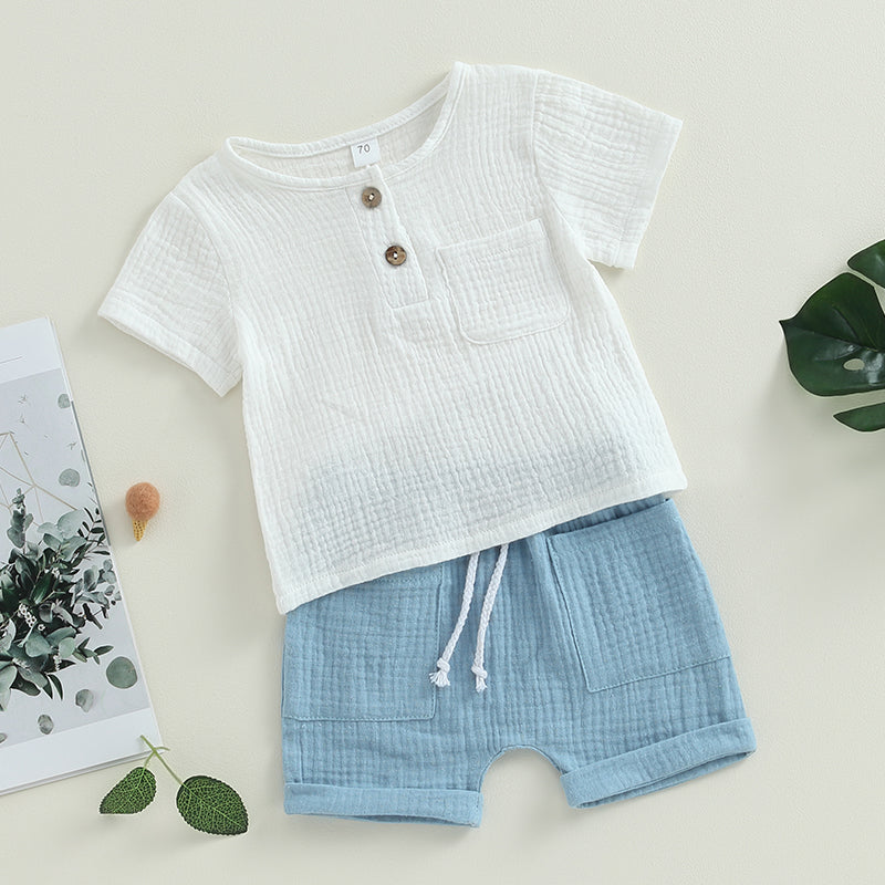 Short-Sleeve Button-Down Top with Pocket & Solid Color Shorts (0-3Y)