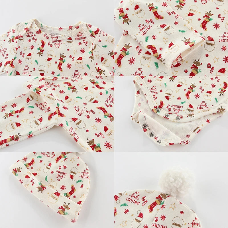 New Christmas Cartoon Print Newborn Clothes Set