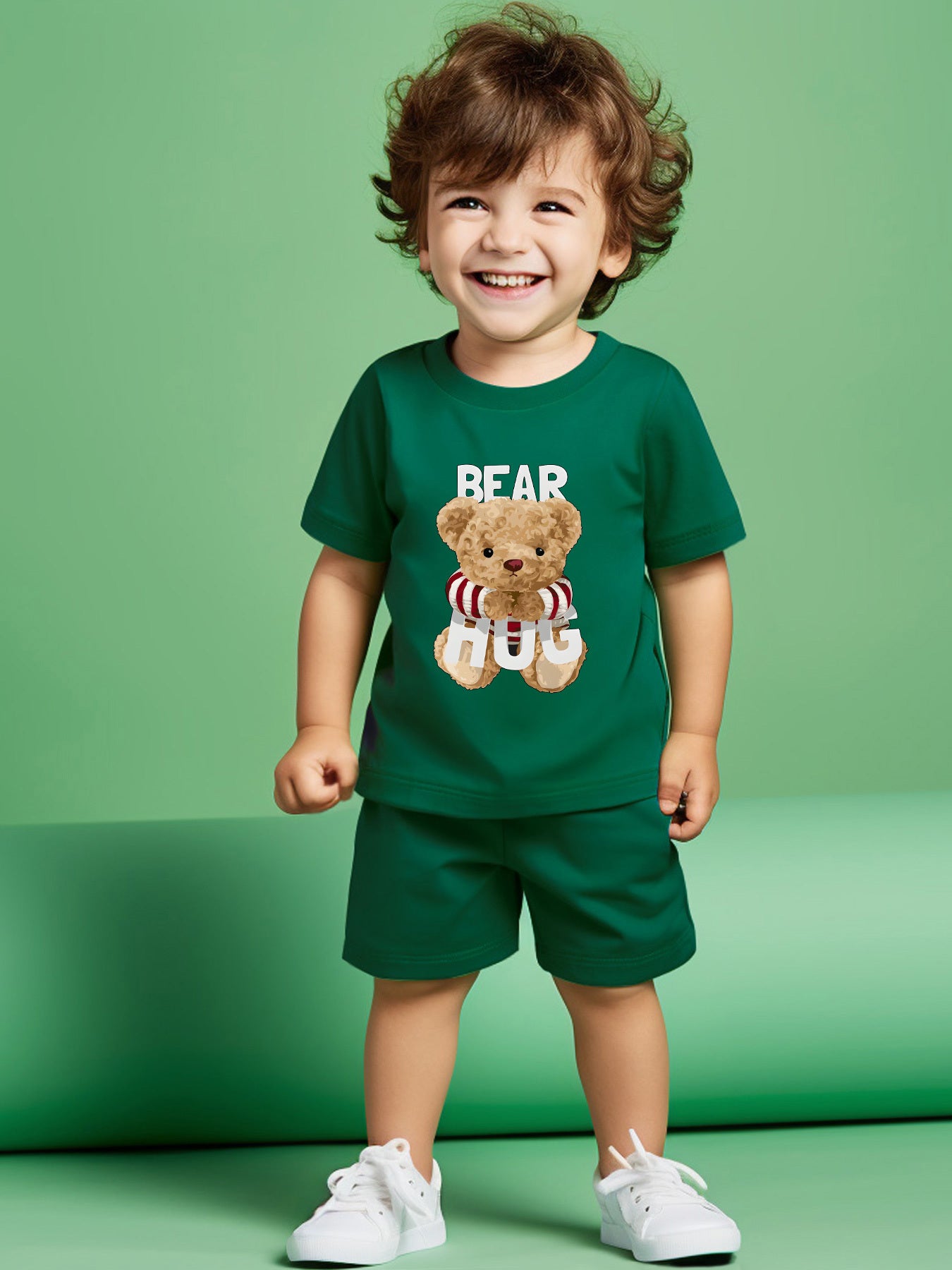 2pcs Boy's Cartoon Bear Print Cotton T-shirt & Comfy Shorts Set