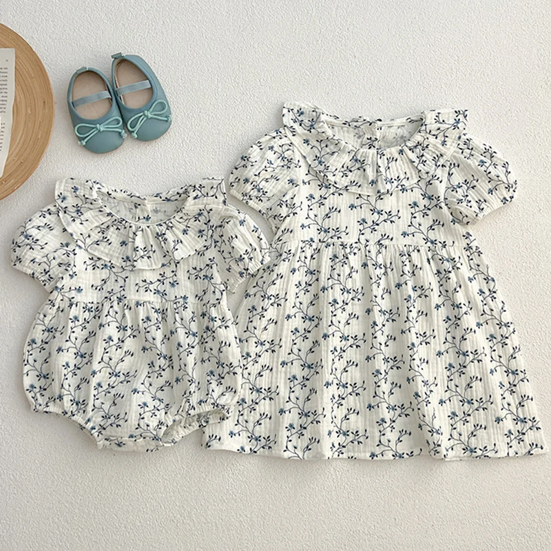 Flower Print Romper Dress Matching Sister Outfit