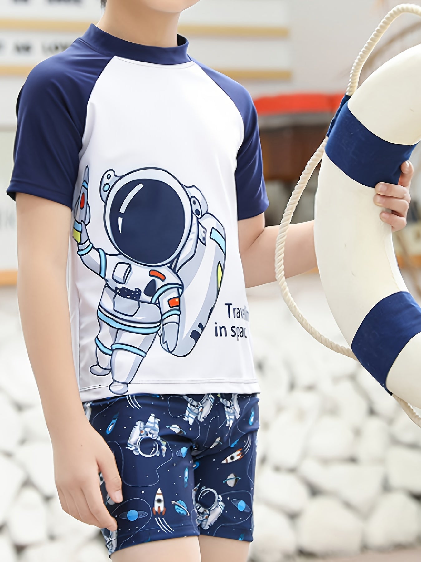 3pcs Astronaut Pattern Swimsuit For Boys, T-shirt + Swim Trunks + Swim Hat Set