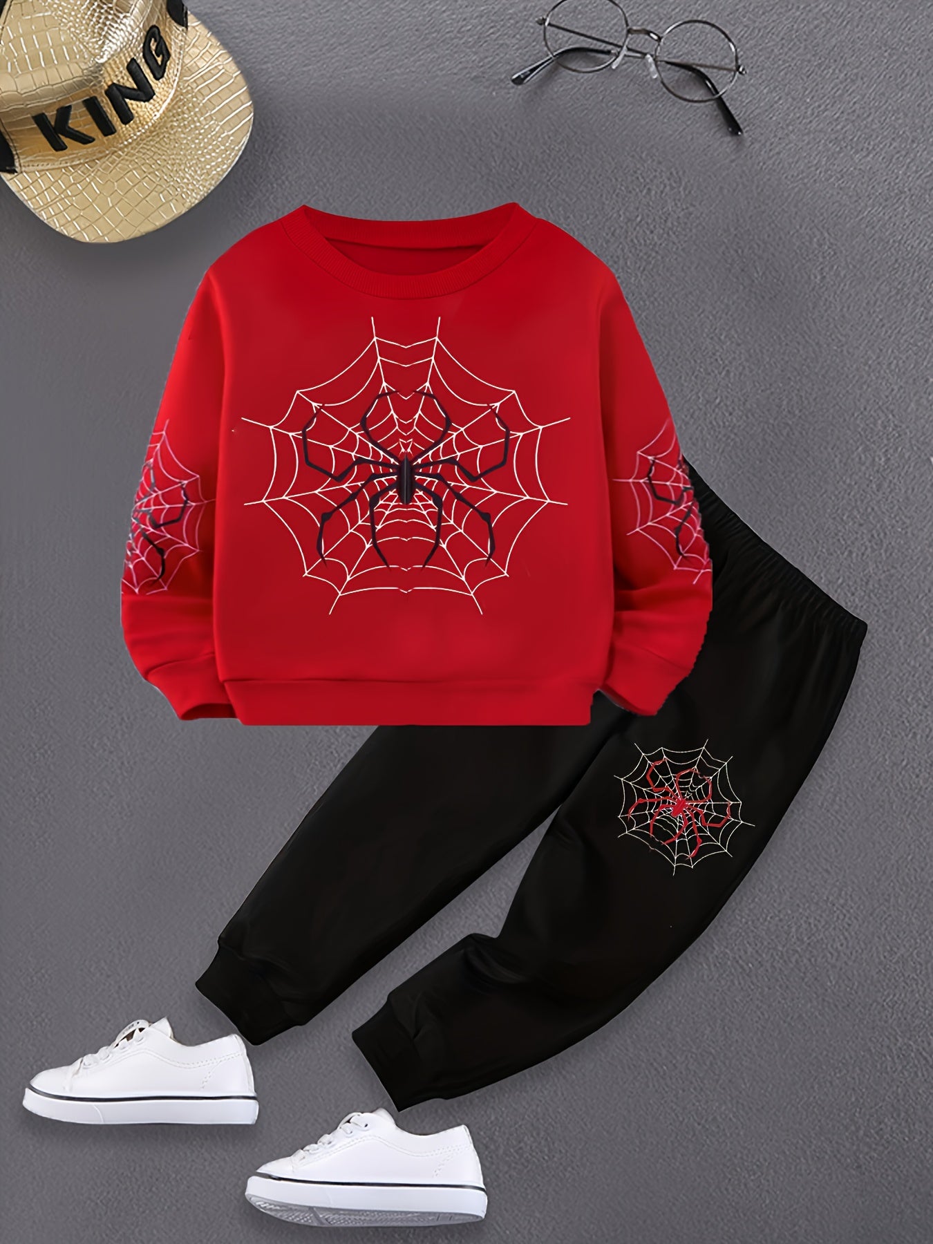 2pcs Boys Cartoon Spider Web Print Long Sleeve Sweatshirt & Pants Sets