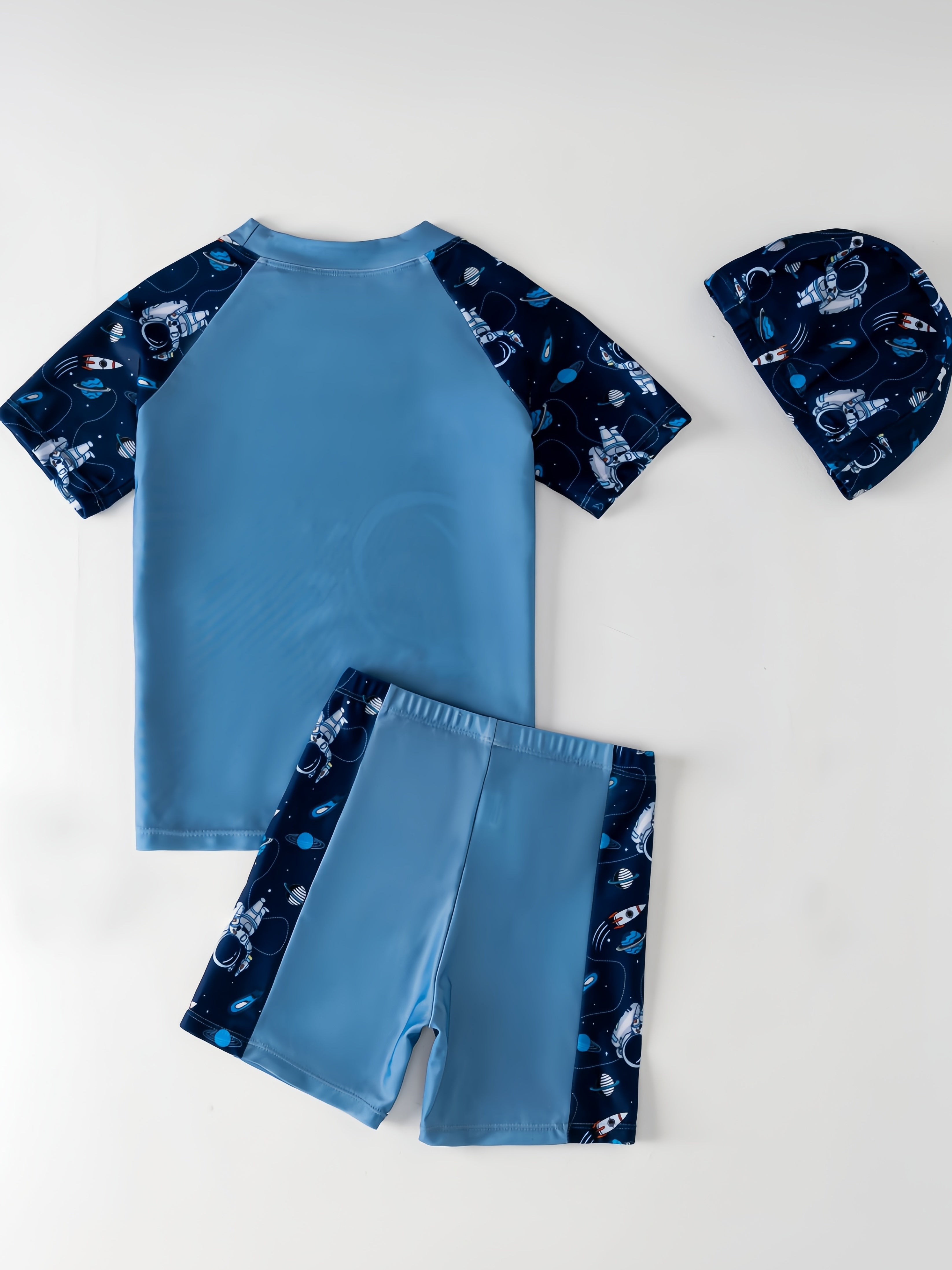 3pcs Astronaut Pattern Swimsuit For Boys, T-shirt + Swim Trunks + Swim Hat Set