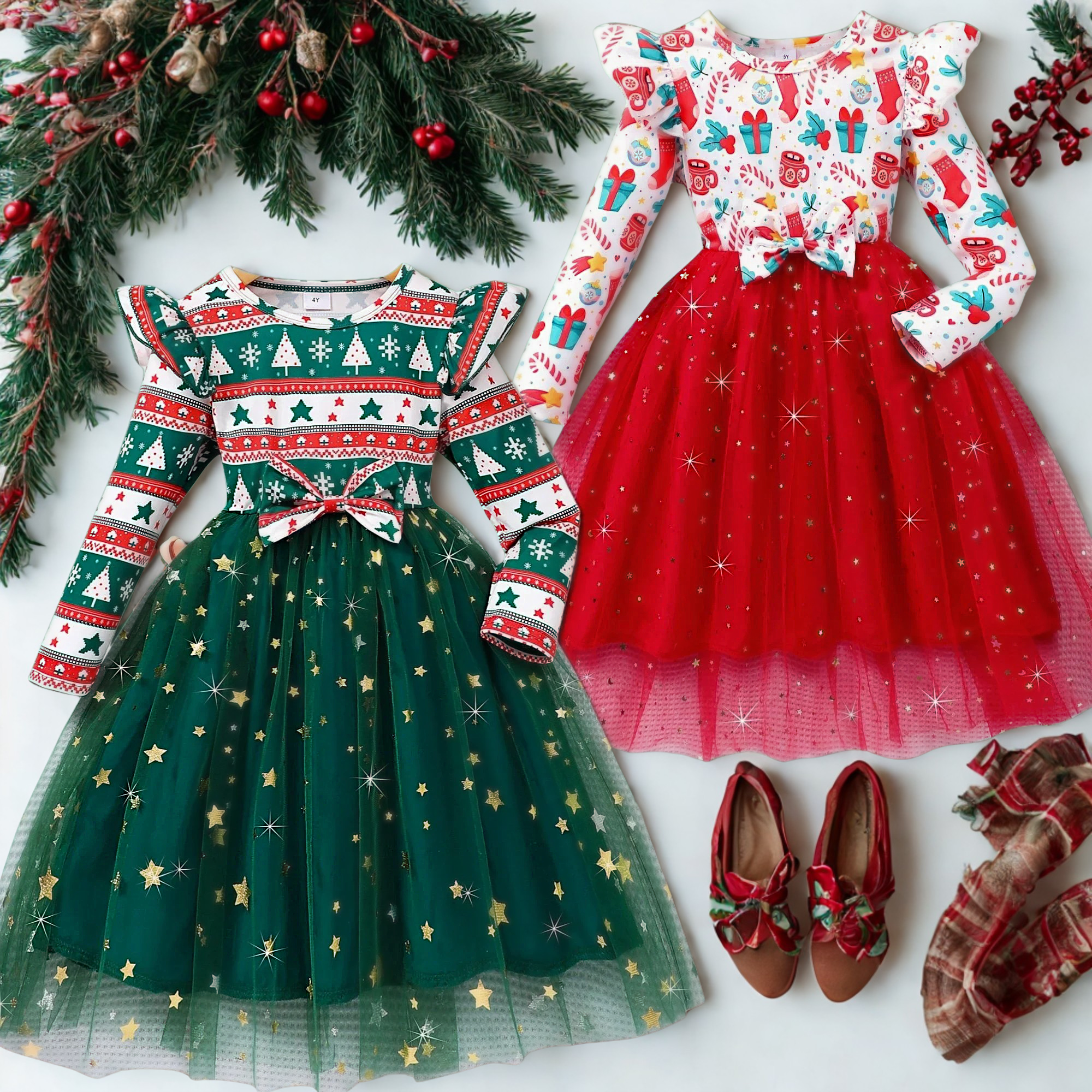 girls a-line long sleeve christmas bow dress in red and green with layered tulle skirt, holiday outfit for girls and toddlers