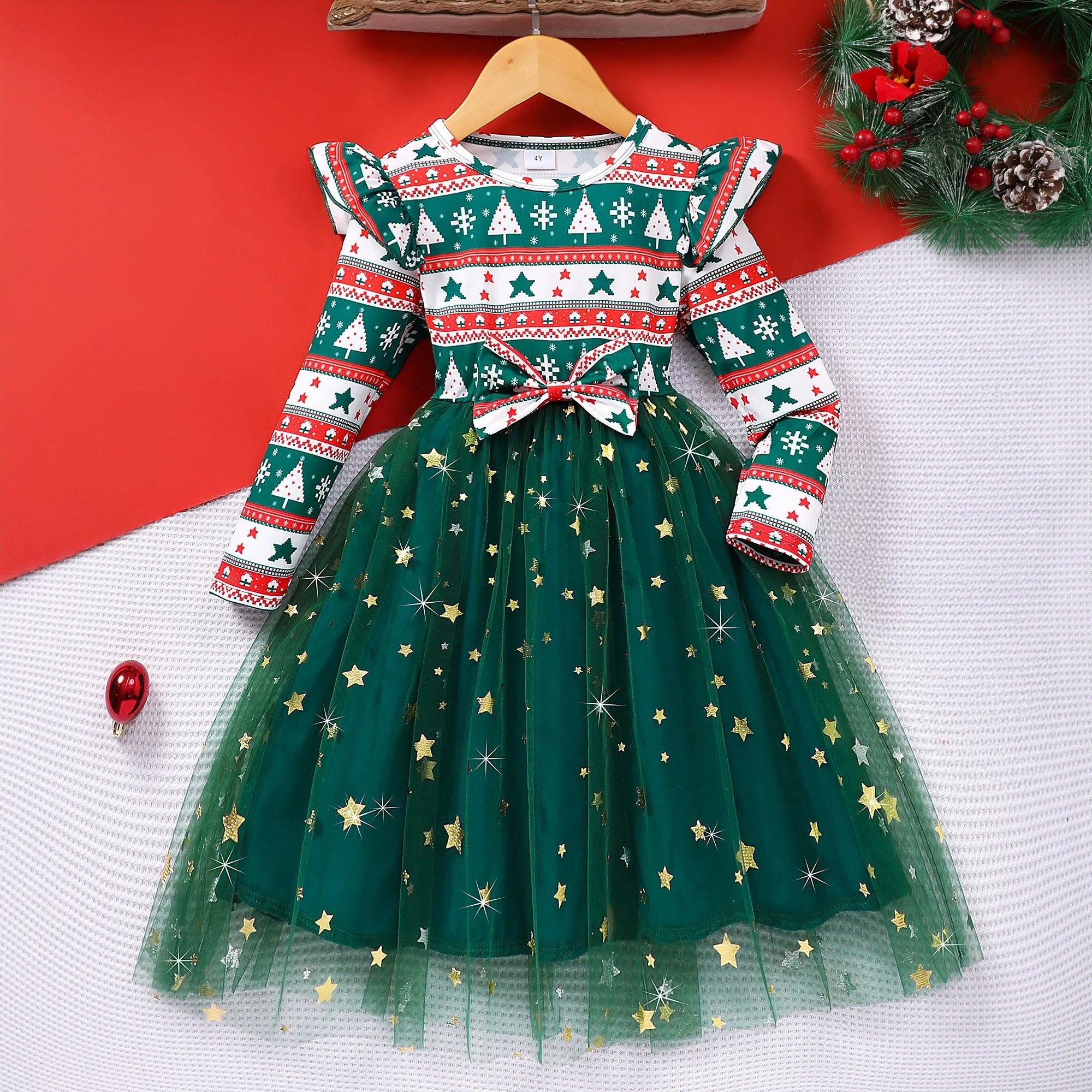 girls green a-line long sleeve christmas bow dress with layered tulle skirt, festive holiday outfit for kids