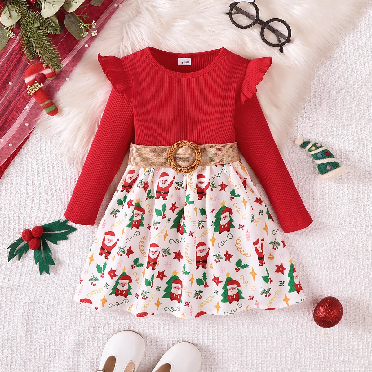 flat lay of christmas holiday dresswith flowy skirt