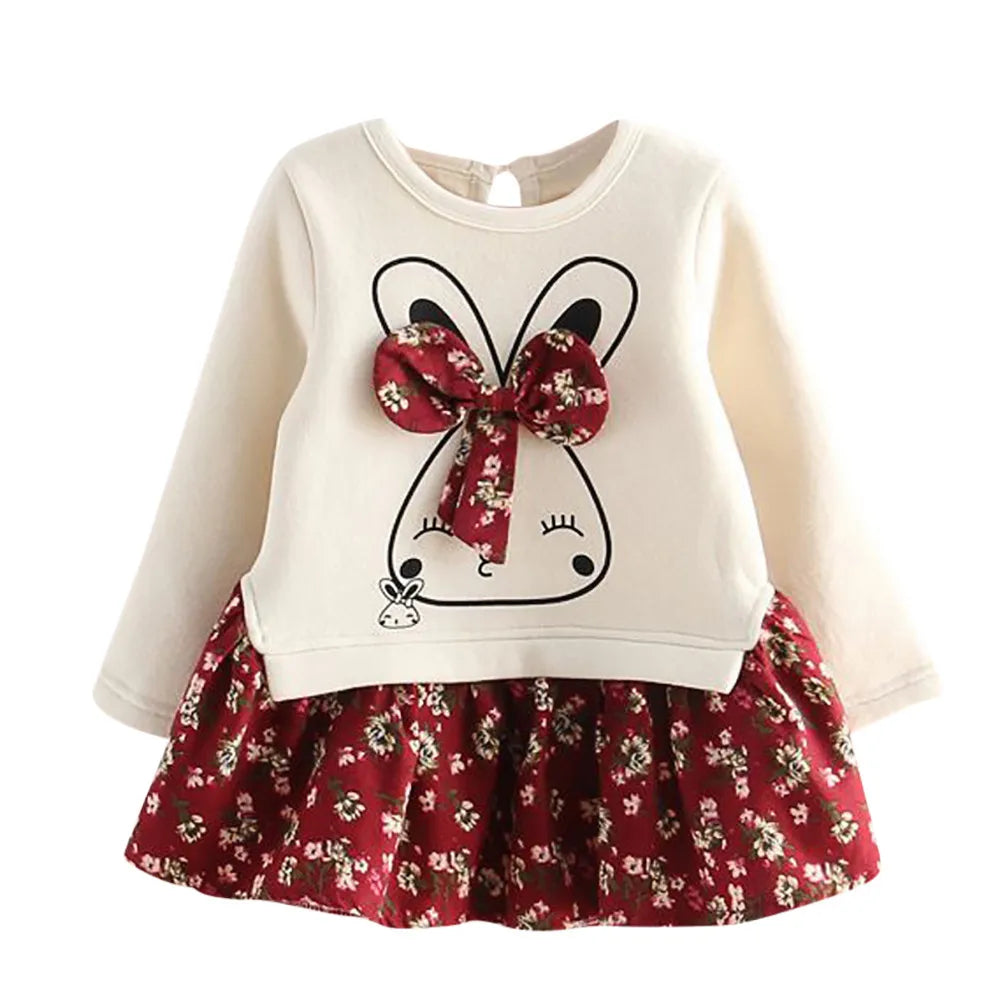 MOMSTAG Long Sleeve Baby Girl Kawaii Rabbit Flower Print Dress