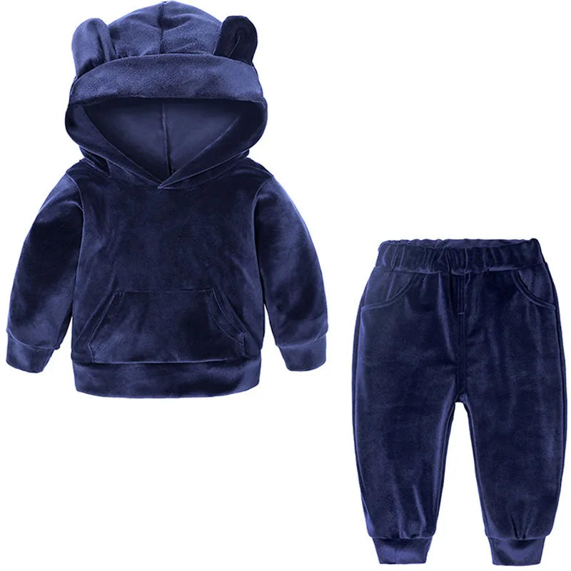 Kids Cute Velvet Hooded Tracksuit Set