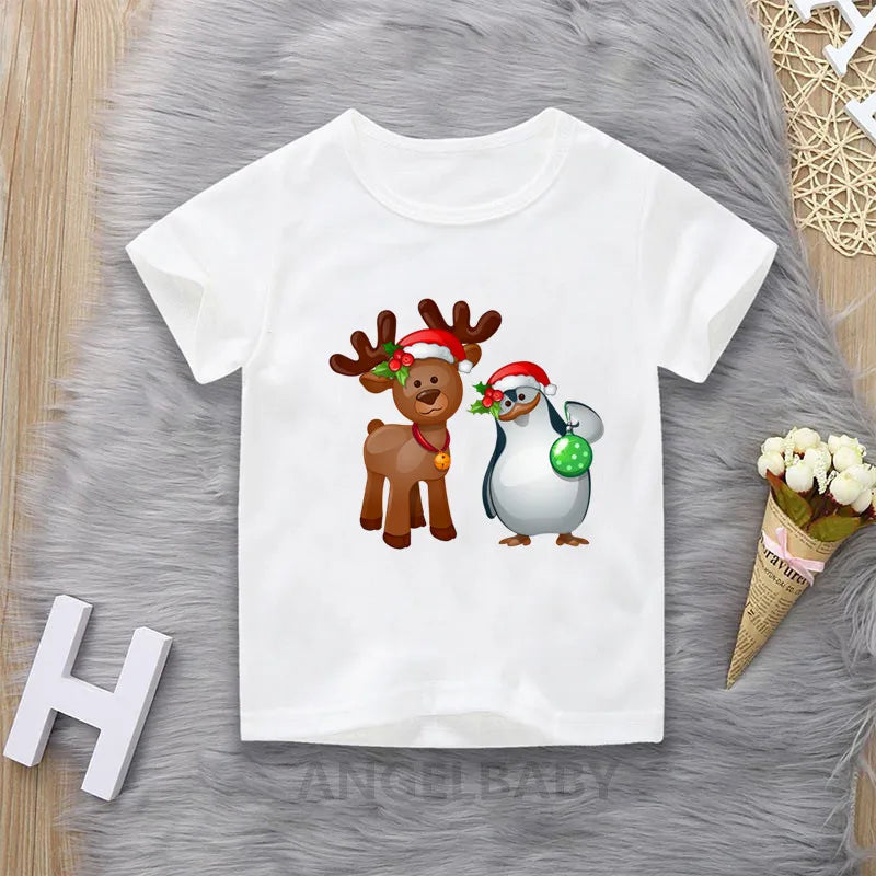 Merry Christmas Cute Deer Cartoon Print Children T-shirts