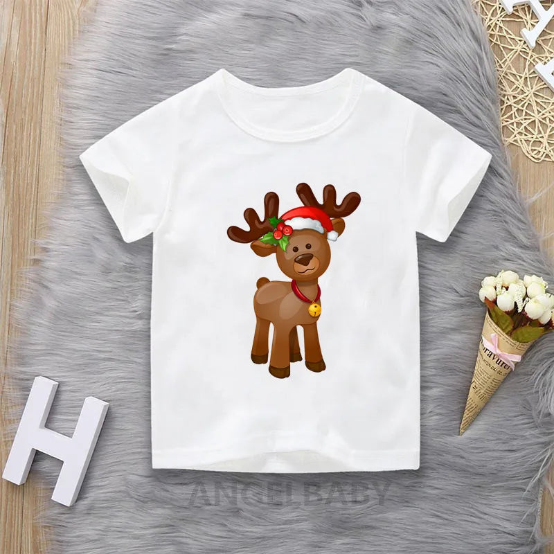 Merry Christmas Cute Deer Cartoon Print Children T-shirts