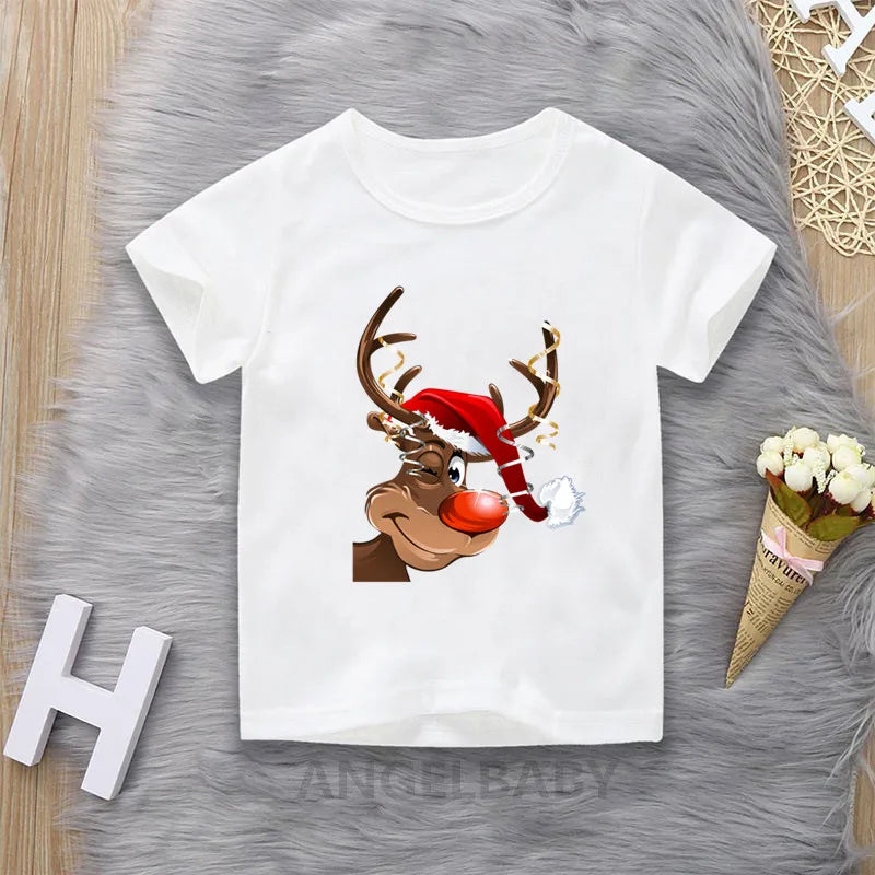 Merry Christmas Cute Deer Cartoon Print Children T-shirts