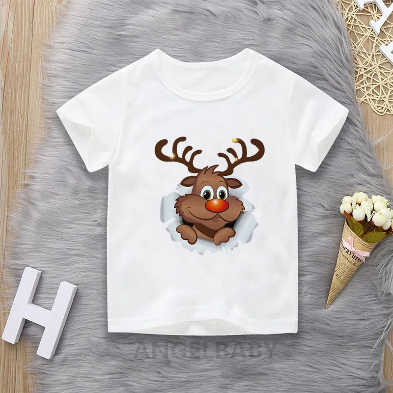 Merry Christmas Cute Deer Cartoon Print Children T-shirts