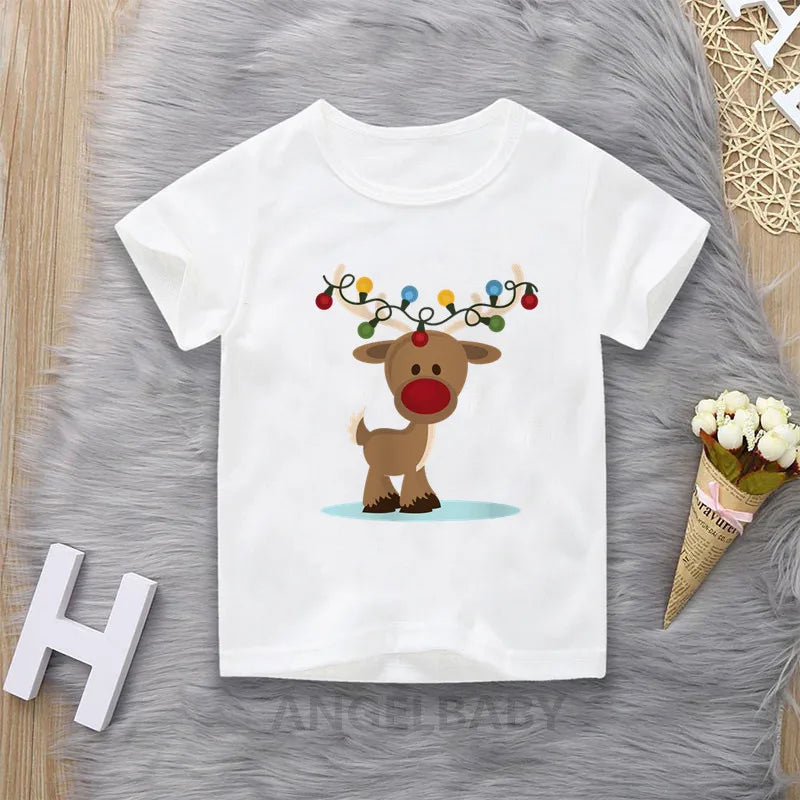 Merry Christmas Cute Deer Cartoon Print Children T-shirts