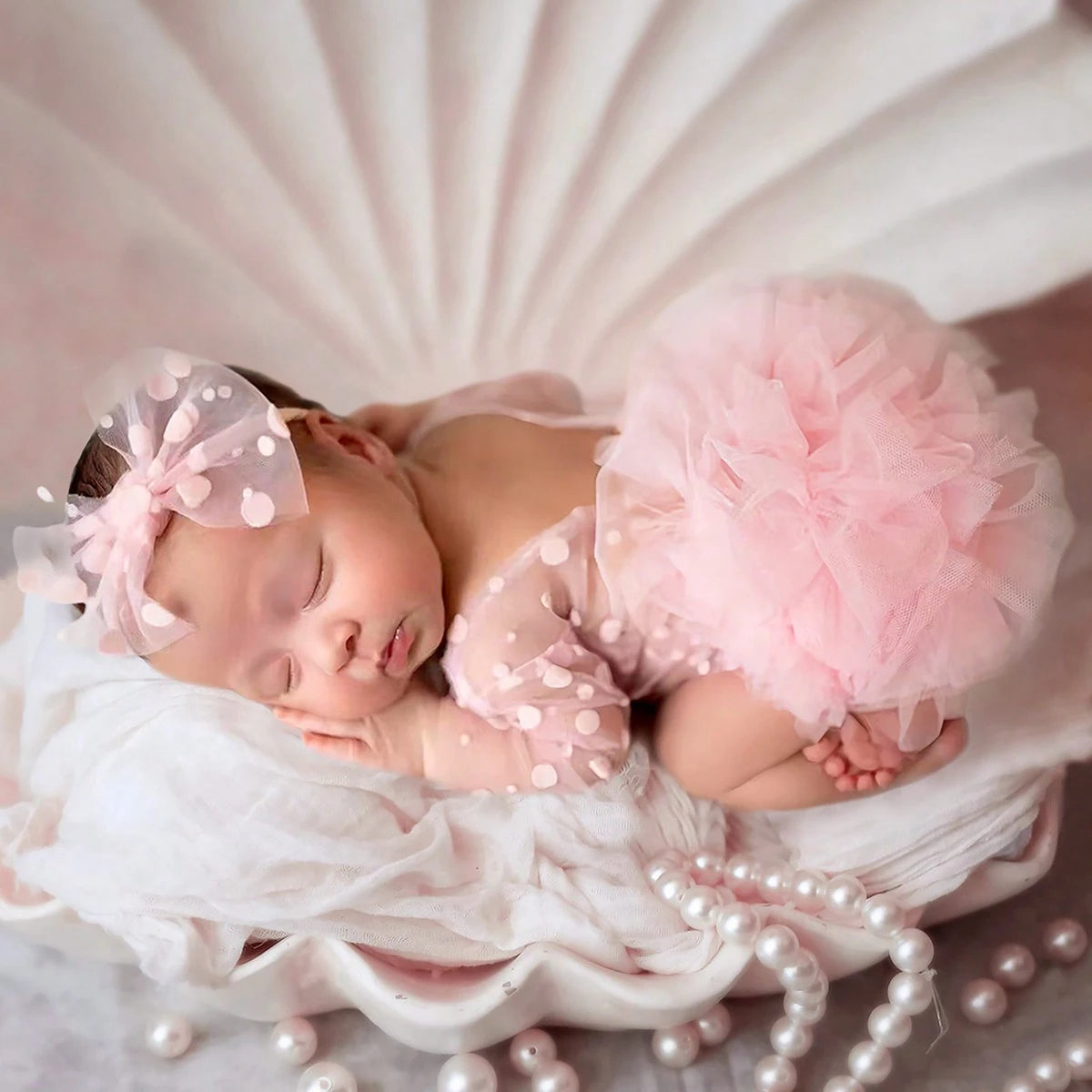 Pink Polka Dot Newborn Romper & Bow Headband Set - Photography Props