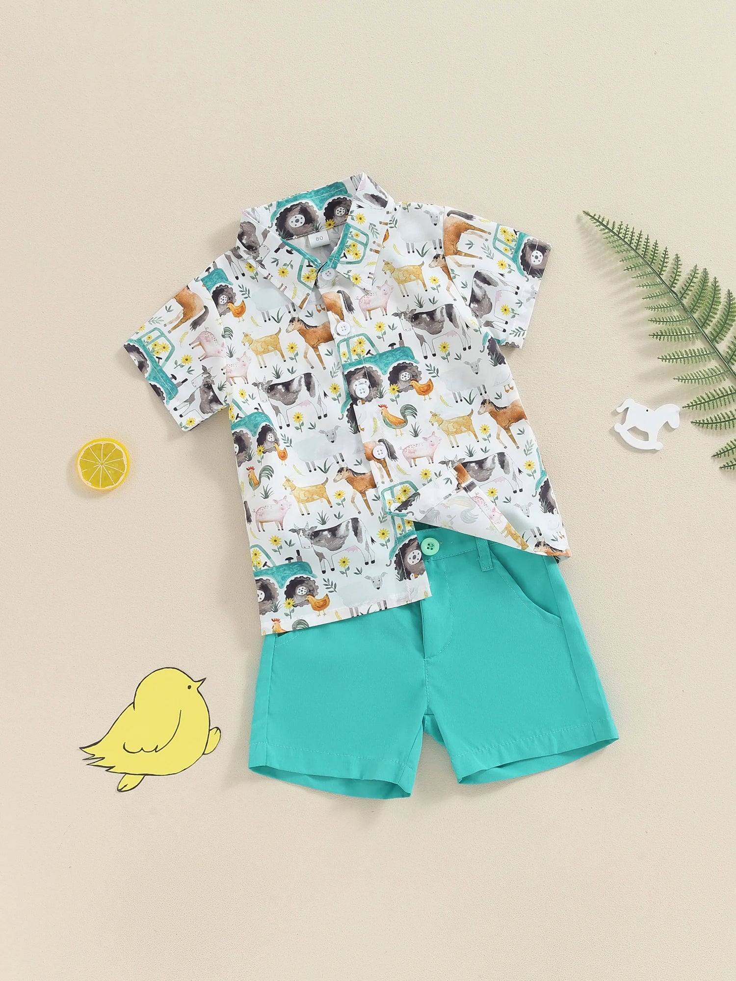 Baby Boy Summer Outfit Short Sleeve Farm Animal Print Shirt Top and Casual Shorts Set