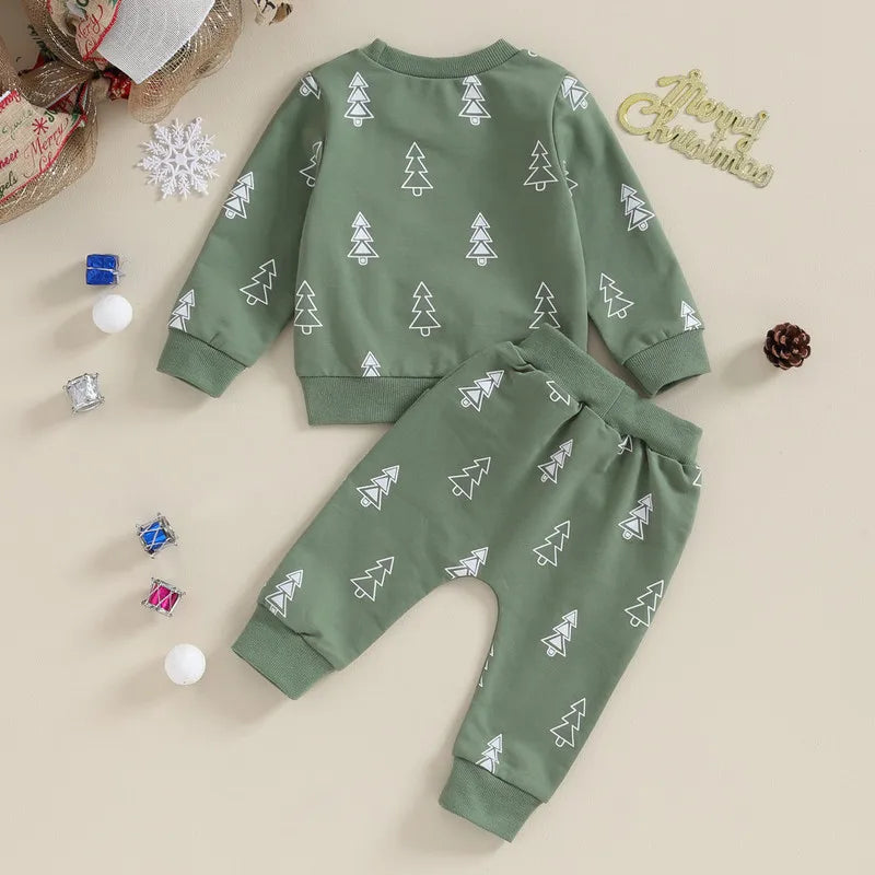 RUEWEY Christmas Tree Print Long Sleeve Sweatshirt Tops and Bottom Sets