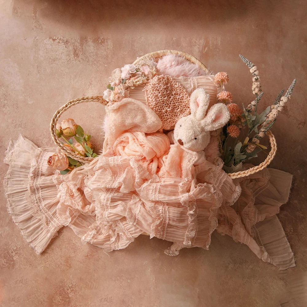 MOMSTAG Newborn Pink Theme Photography Props Set - Includes Knitted Wrap, Headflower, Lace Pillow, Bunny Doll