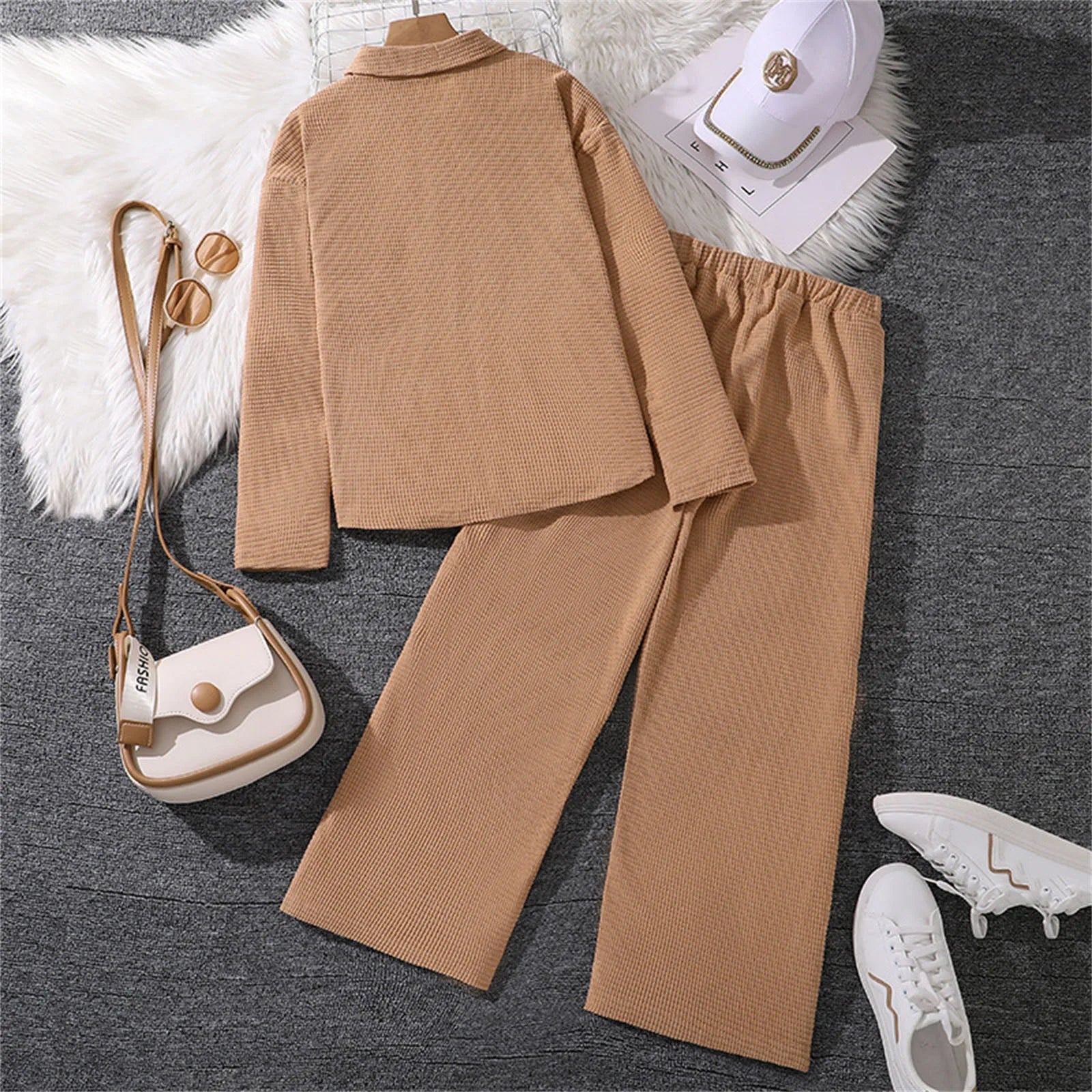 MOMSTAG Girls Shirt Collar Cardigan Coat+Trouser Corduroy