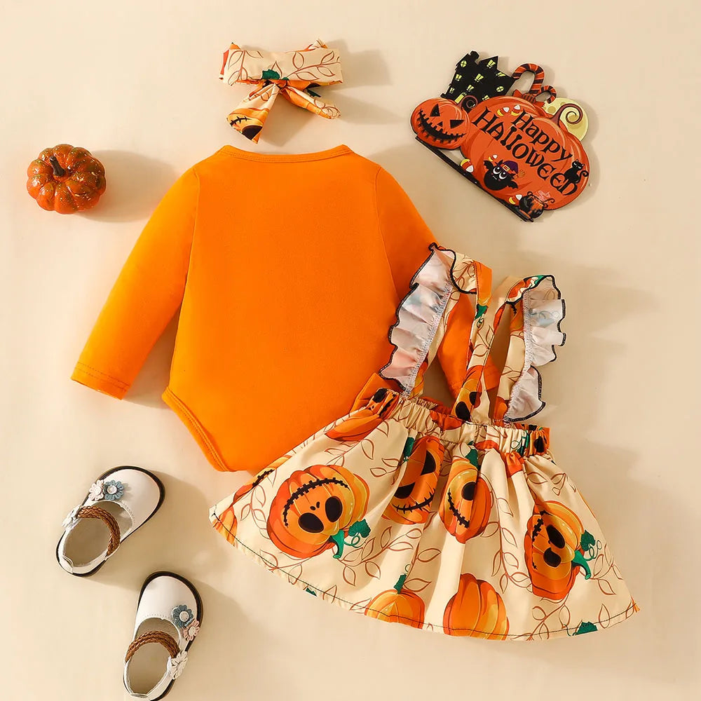 Halloween 3pcs Set Orange Bodysuit and Suspender Pumpkin Dress