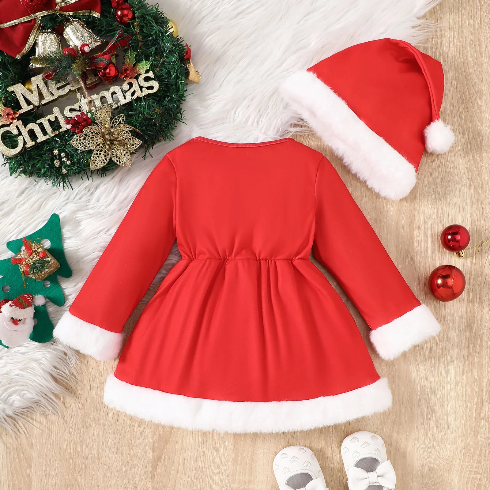 Long Sleeve Belt Patchwork Print Fur A-Line Christmas Dress with Santa Hats for baby girls