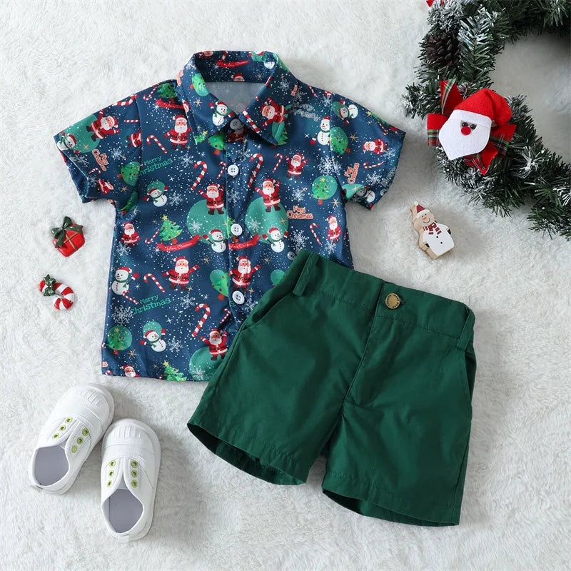 MOMSTAG Boys Christmas Santa Print Shirt & Shorts