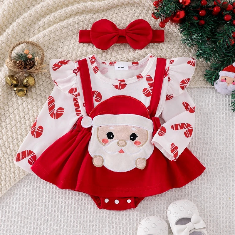 Santa Cartoon Baby Ruffle Dress Set