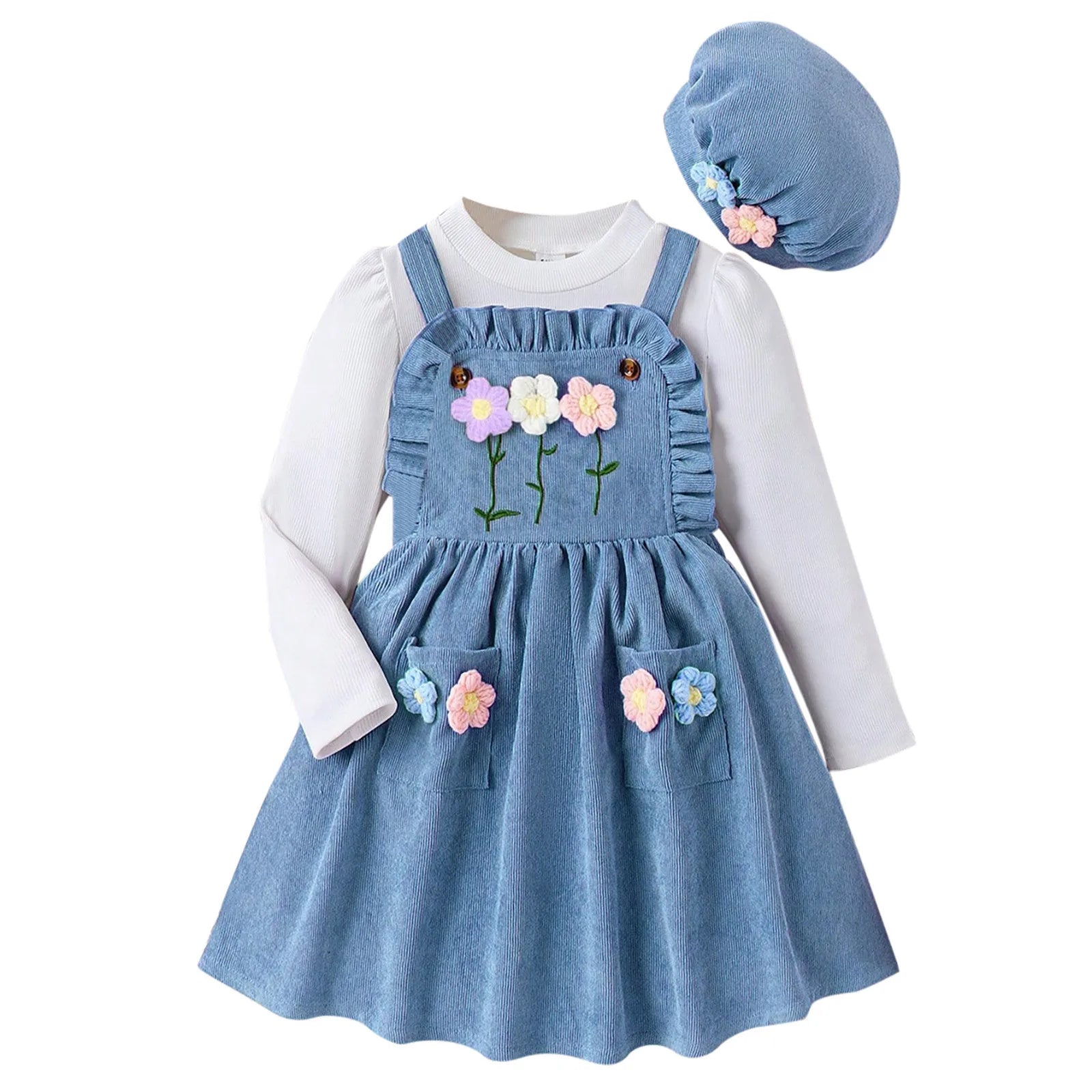 MOMSTAG Girls Top+Floral Splice Suspenders Dress+Cap 3 Pieces Set