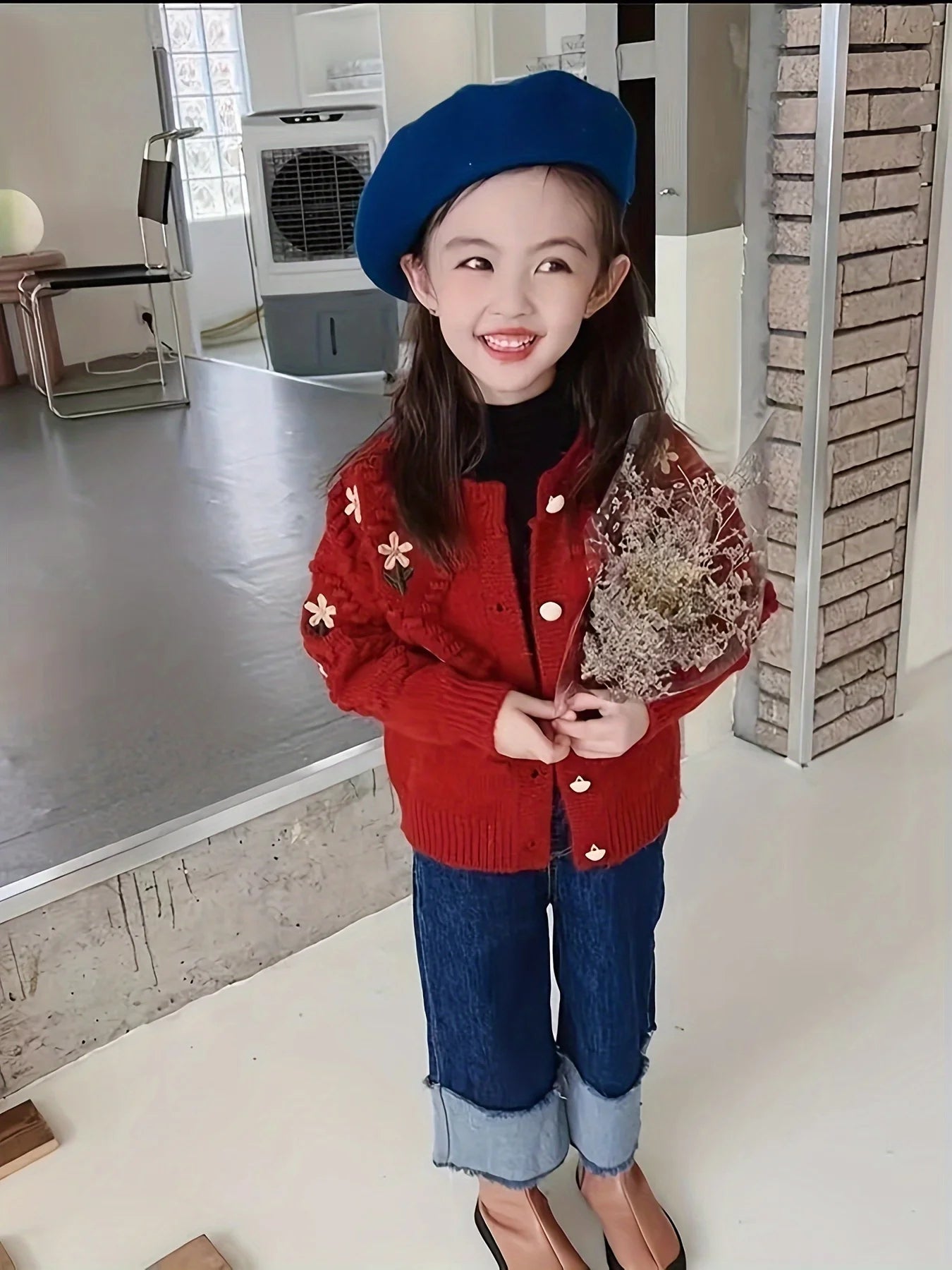 Girls Flower Embroidery Cardigan