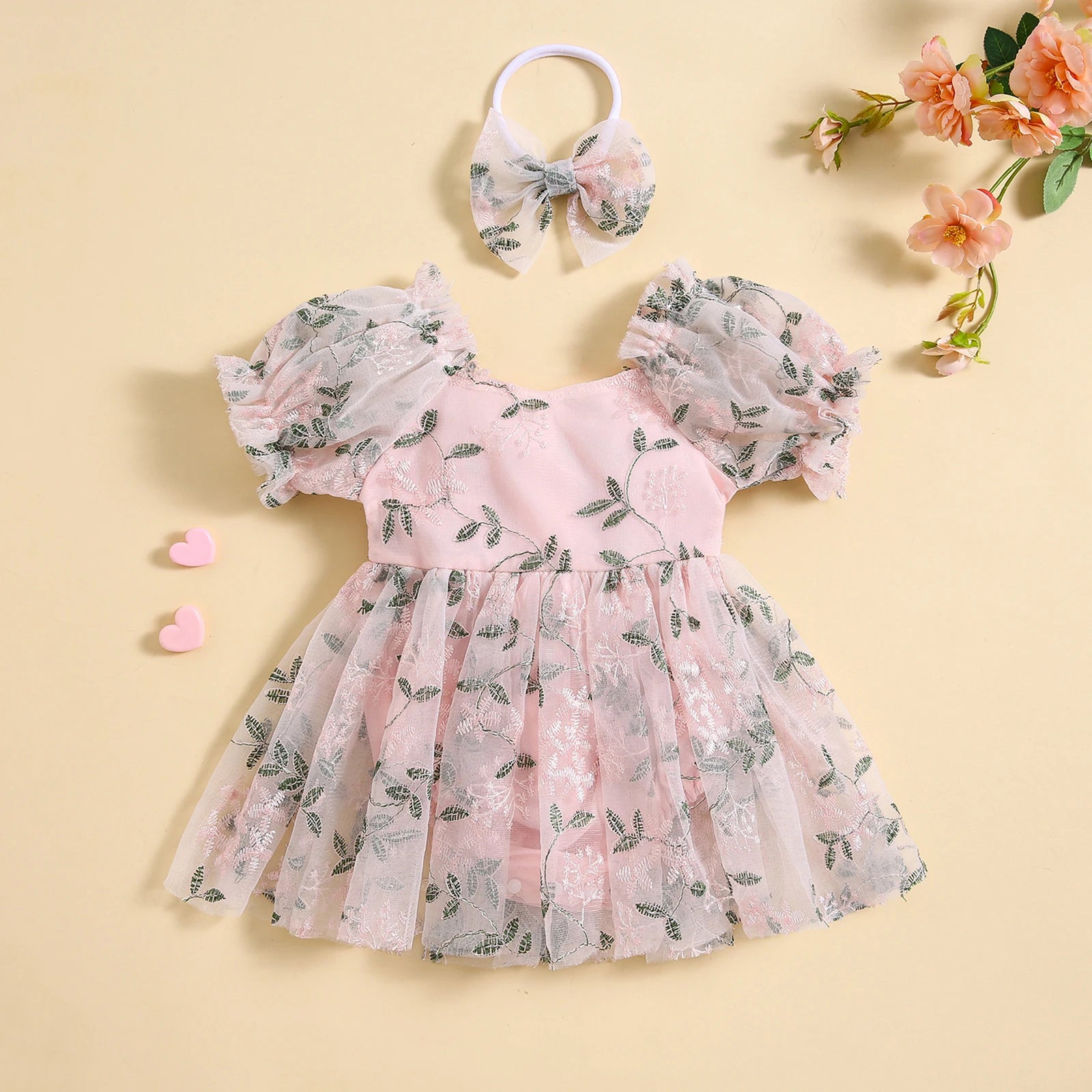 Floral Embroidery Puff Sleeve A-line Romper with Bowknot Headband Outfits for baby girls