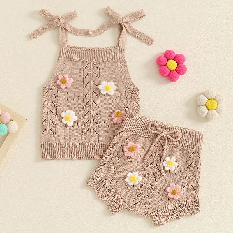 Knitted Outfit, Tie-up Camisole with Elastic Waist Shorts 2-piece Outfit for gils