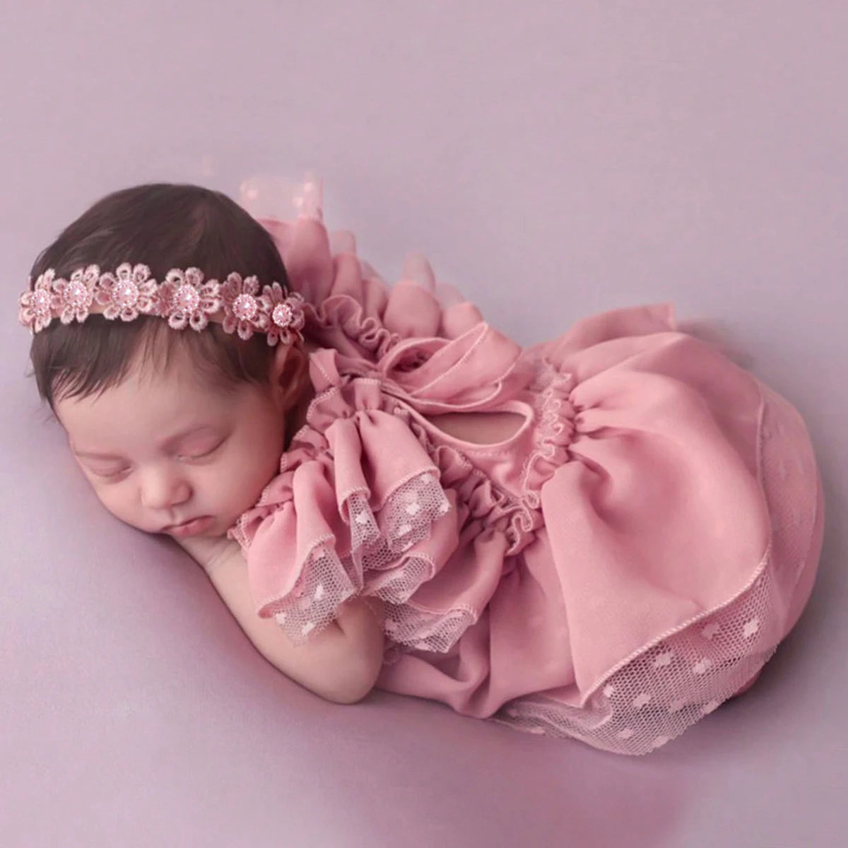 Newborn Dusty Pink Chiffon Romper & Bow Hairband Set