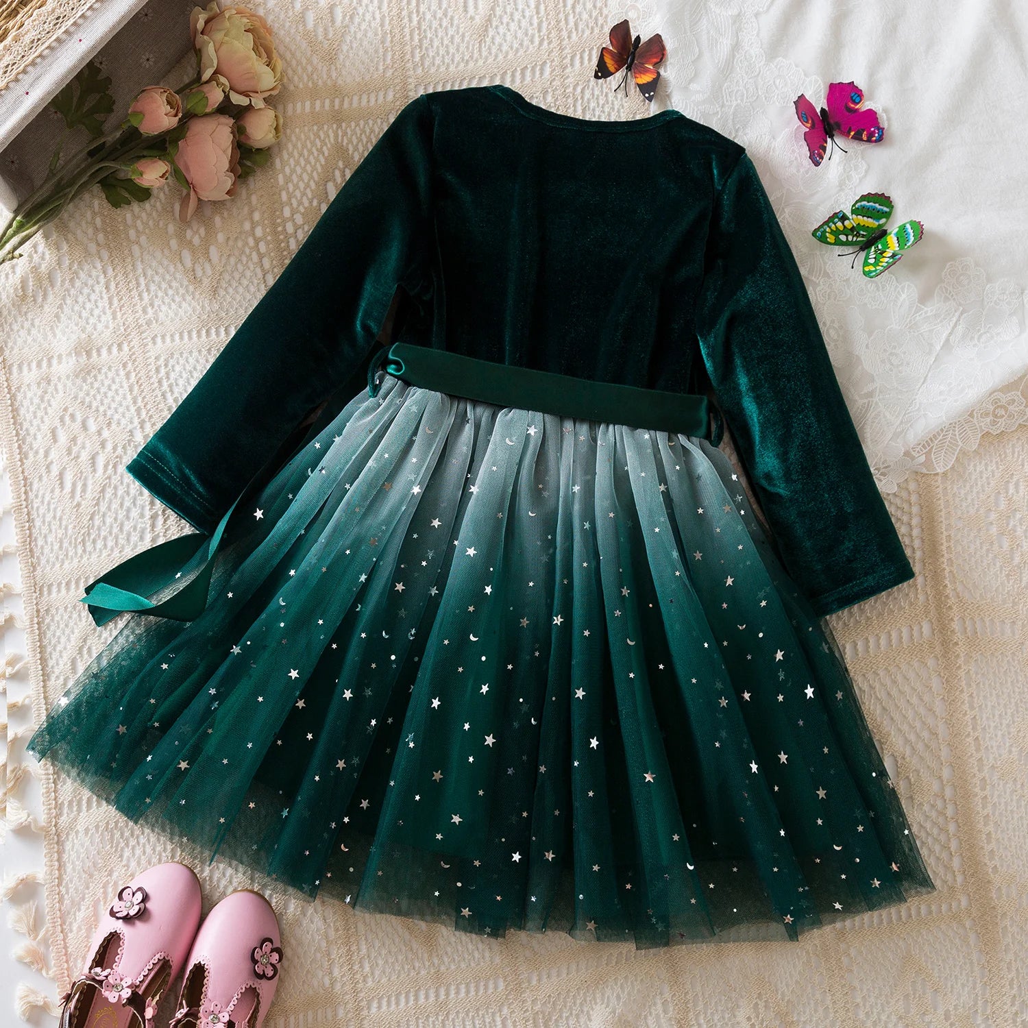 Girls Autumn Winter Long Sleeve Bow Sequin Princess Dress