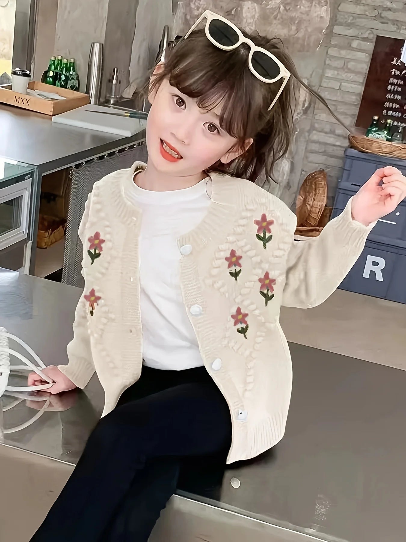 Girls Flower Embroidery Cardigan