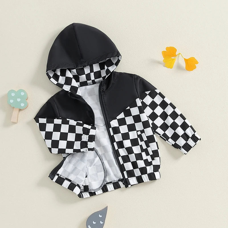 MOMSTAG Toddlers Checkerboard Zip-Up Winter Hooded Jacket